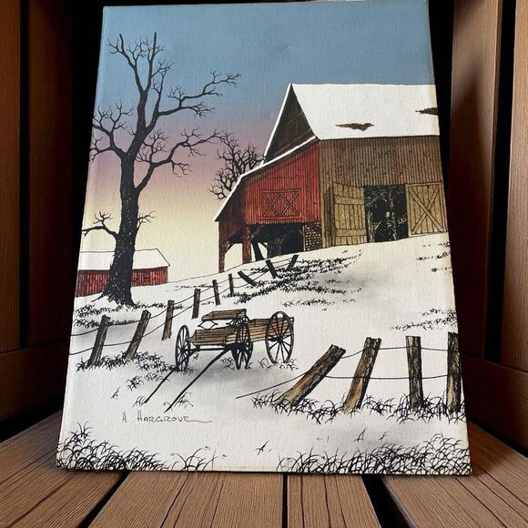 VTG H Hargrove Serigraph Snow Covered Barn On Canvas 16”x12” Signed - Picture 1 of 5